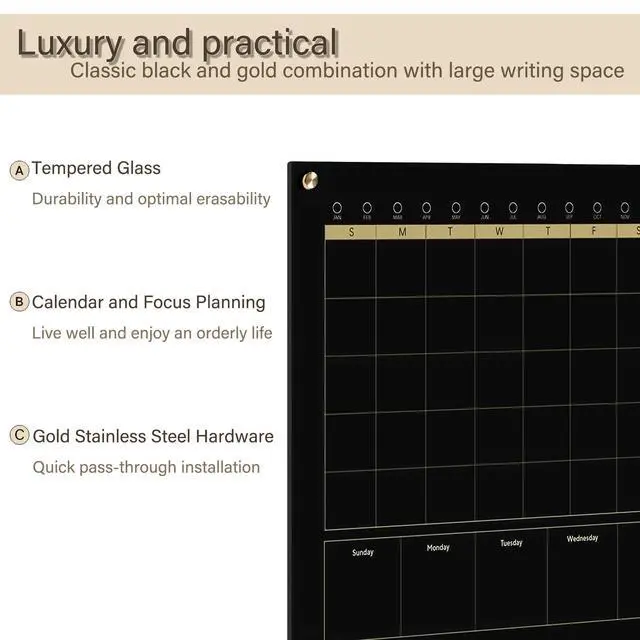 Alt view image 4 of 7 - Black Glass 3-1 Monthly Dry Erase Calendar Whiteboard for Wall,24"x 36",Frameless Mounting,Office/School/Home, Frameless Large Planner White Board
