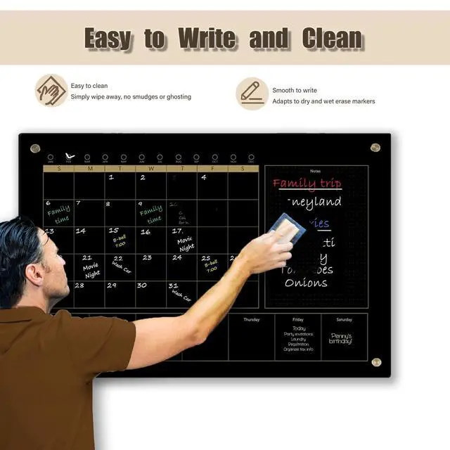 Alt view image 3 of 7 - Black Glass 3-1 Monthly Dry Erase Calendar Whiteboard for Wall,24"x 36",Frameless Mounting,Office/School/Home, Frameless Large Planner White Board
