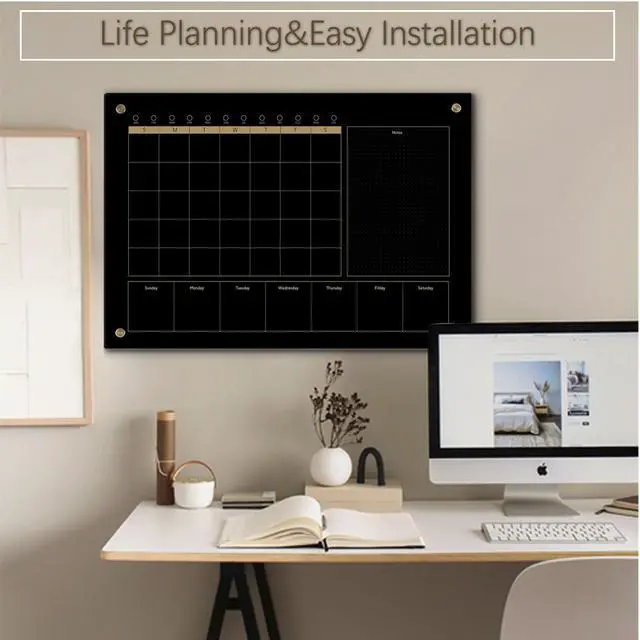 Alt view image 6 of 7 - Black Glass 3-1 Monthly Dry Erase Calendar Whiteboard for Wall,24"x 36",Frameless Mounting,Office/School/Home, Frameless Large Planner White Board