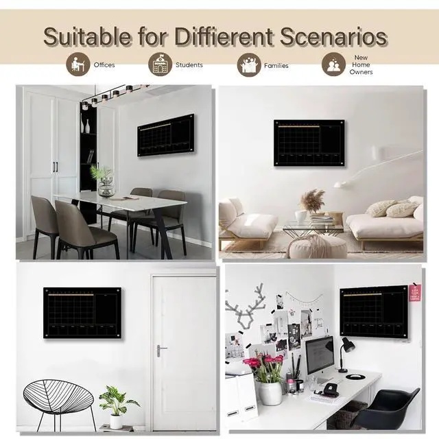 Alt view image 7 of 7 - Black Glass 3-1 Monthly Dry Erase Calendar Whiteboard for Wall,24"x 36",Frameless Mounting,Office/School/Home, Frameless Large Planner White Board