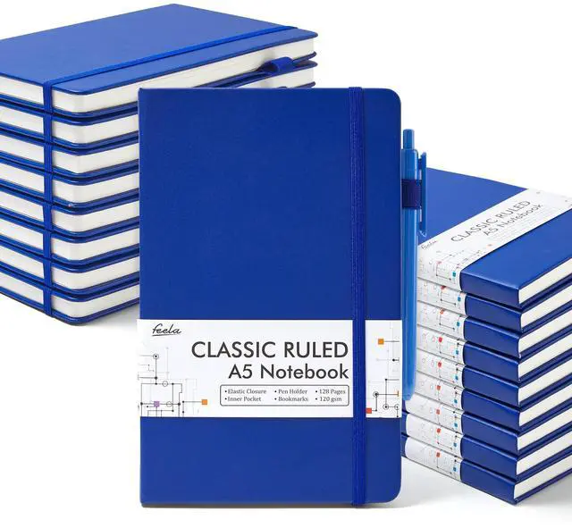 Main image of College Ruled Notebooks, 18 Pack Business Notebook Bulk Hardcover Lined Writing Journal with Pen Holder for Men Women Note Taking, with 18 Black Pens, 120 GSM, 5.1x8.3, A5, Navy