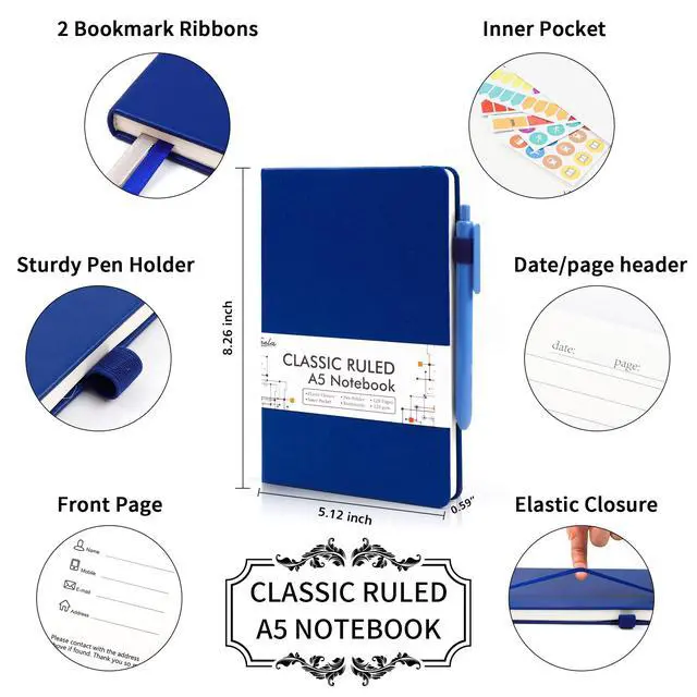 Alt view image 2 of 7 - College Ruled Notebooks, 18 Pack Business Notebook Bulk Hardcover Lined Writing Journal with Pen Holder for Men Women Note Taking, with 18 Black Pens, 120 GSM, 5.1x8.3, A5, Navy