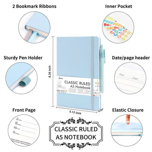 Alt view image 2 of 7 - 18 Pack Journal Notebook for Work, Business Notebook Bulk Hardcover Lined Writing Journal with Pen Holder for Men Women Note Taking, with 18 Black Pens, 120 GSM, 5.1x8.3, A5, Light Blue