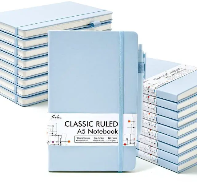 Main image of 18 Pack Journal Notebook for Work, Business Notebook Bulk Hardcover Lined Writing Journal with Pen Holder for Men Women Note Taking, with 18 Black Pens, 120 GSM, 5.1x8.3, A5, Light Blue