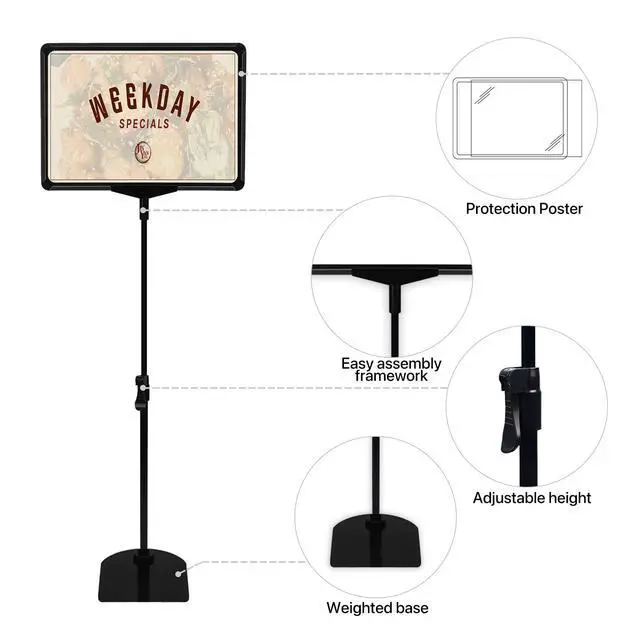 Alt view image 2 of 6 - Sign Holder Stand, 8.5 x 11 Inch Sign Stand with Adjustable Height Snap Open, Reusable Sign Stands for Display Advertising Business Signage, Vertical and Horizontal Two View Modes (Black, 10 Pcs)