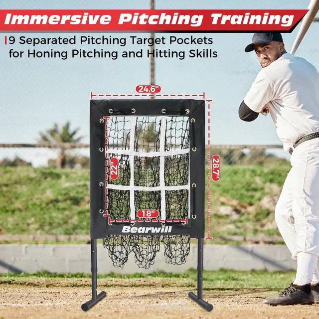 Alt view image 2 of 7 - Pitching Net, 9 Hole Pitching Net with Strike Zone, Baseball Softball Pitching Target with Adjustable Height, Baseball Pitcher Throwing Practice Training Equipment for All Skill Levels