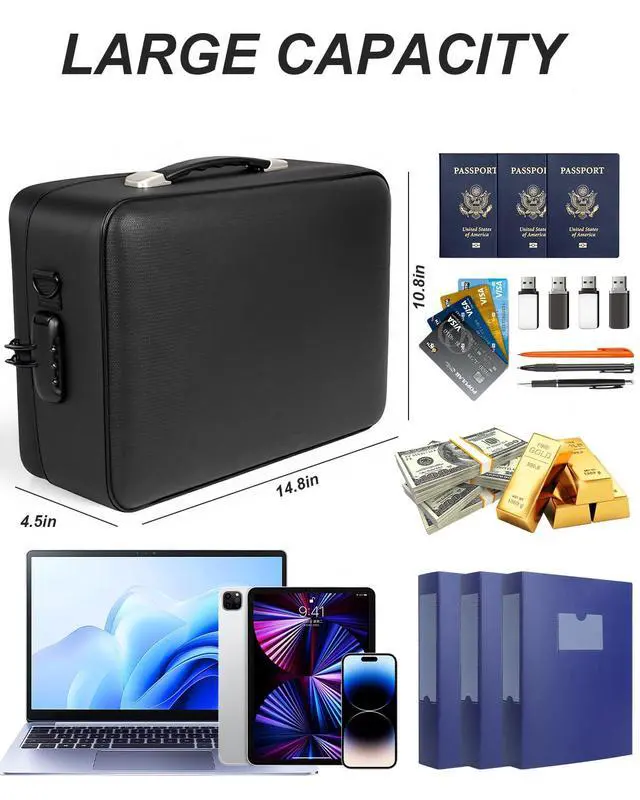 Alt view image 5 of 7 - Fireproof Document Box with Combination Lock Security Belt, Hard Case Fire Water Resistant Safe for Documents, Certificates, Laptops, Passports