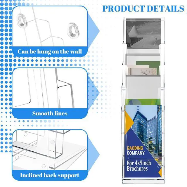 Alt view image 3 of 7 - 4 Pack Acrylic Brochure Holder, 5 Tier Brochure Display Stand 4 x 9 Inches Clear Pamphlet Flyer Holder Countertop or Wall Mount For Office,Meeting Room,Exhibition (4)