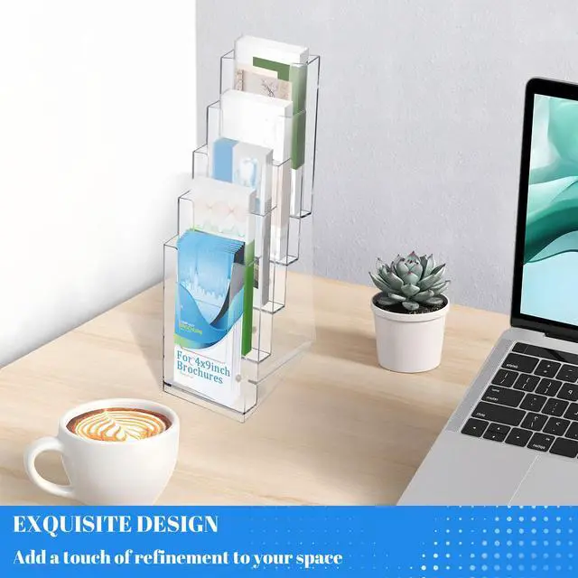 Alt view image 6 of 7 - 4 Pack Acrylic Brochure Holder, 5 Tier Brochure Display Stand 4 x 9 Inches Clear Pamphlet Flyer Holder Countertop or Wall Mount For Office,Meeting Room,Exhibition (4)