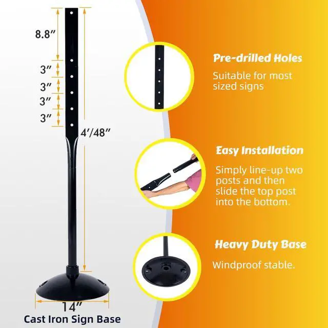 Alt view image 2 of 7 - Heavy Duty Cast Iron Sign Post and Base Kit - 14" DIA Stand with 48" Post and Bolts & Nuts for Hanging Signs, Portable Sign Holder for Parking and Recreational Use