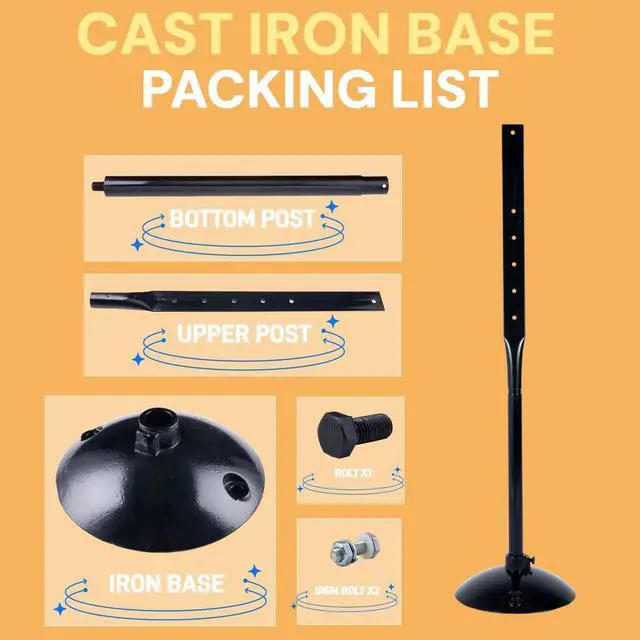 Alt view image 5 of 7 - Heavy Duty Cast Iron Sign Post and Base Kit - 14" DIA Stand with 48" Post and Bolts & Nuts for Hanging Signs, Portable Sign Holder for Parking and Recreational Use