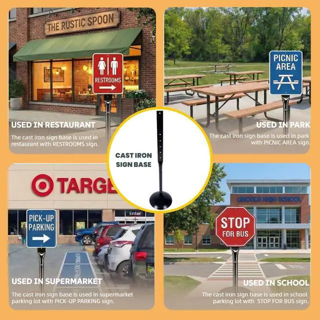Alt view image 7 of 7 - Heavy Duty Cast Iron Sign Post and Base Kit - 14" DIA Stand with 48" Post and Bolts & Nuts for Hanging Signs, Portable Sign Holder for Parking and Recreational Use