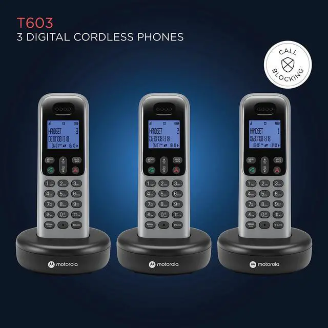 Alt view image 5 of 5 - Motorola Cordless Phone, 3 Handsets, DECT 6.0 Long Range, Bright Backlit Display, Easy-to-Use Big Buttons, Call Block up to 100 Numbers, Hands-Free Speakerphone, Caller ID,Hearing Aid Compatible,T603