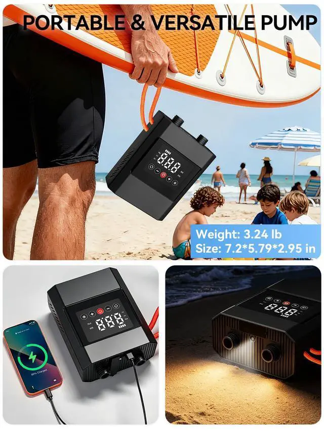 Alt view image 4 of 7 - 20PSI High Pressure Electric Paddle Board Pump, Rechargeable Battery-Powered, Electric SUP Air Pump with 12V DC Car Connector, Intelligent Dual Stage for Inflatable Paddle Board, Kayak, Boats