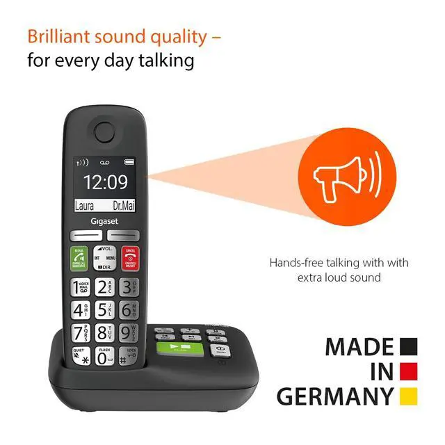 Alt view image 2 of 6 - E295A Cordless Big Button Phone Made in Germany Big 2 Display Extra Large Keys and Easy Usability Call-Blocker Phonebook up to 100 Contacts, Black