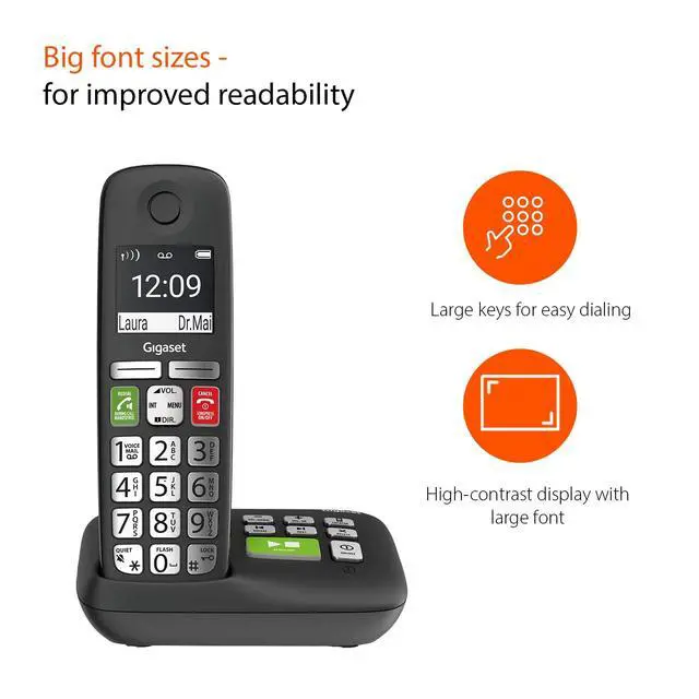 Alt view image 3 of 6 - E295A Cordless Big Button Phone Made in Germany Big 2 Display Extra Large Keys and Easy Usability Call-Blocker Phonebook up to 100 Contacts, Black