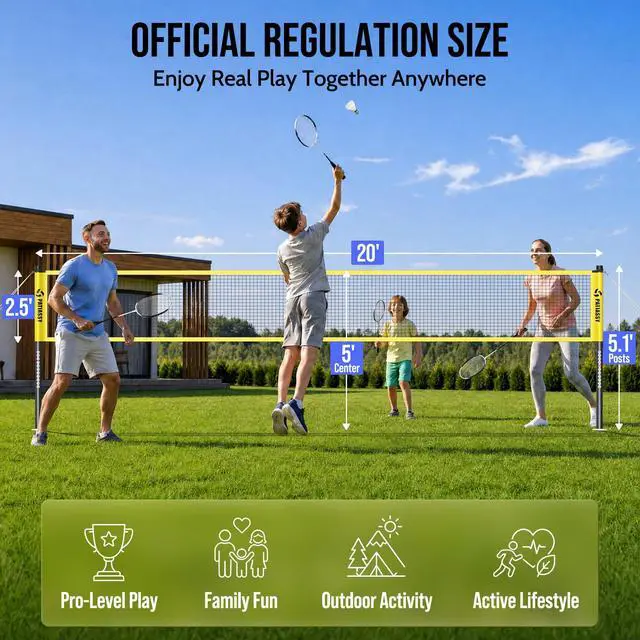 Alt view image 2 of 7 - Badminton Set for Backyard, Outdoor Badminton Net with Anti-Sag Design, 4 Professional Badminton Rackets, 4 Shuttlecocks and Carry Bag for Lawn or Beach