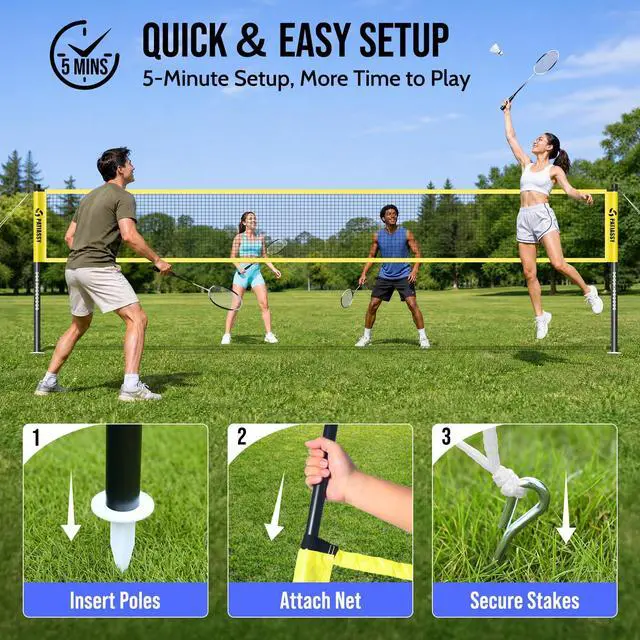 Alt view image 6 of 7 - Badminton Set for Backyard, Outdoor Badminton Net with Anti-Sag Design, 4 Professional Badminton Rackets, 4 Shuttlecocks and Carry Bag for Lawn or Beach