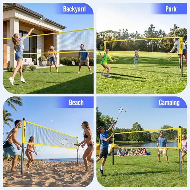 Alt view image 7 of 7 - Badminton Set for Backyard, Outdoor Badminton Net with Anti-Sag Design, 4 Professional Badminton Rackets, 4 Shuttlecocks and Carry Bag for Lawn or Beach