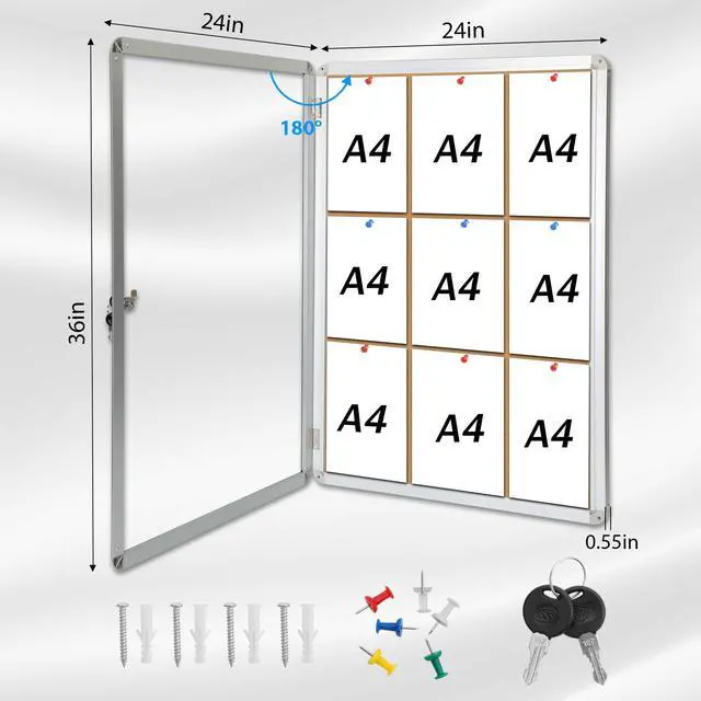 Alt view image 3 of 7 - 36"x24" Enclosed Cork Bulletin Board with Locking Door, Tamper-Proof Dispaly Case, Aluminium Frame, Outdoor Bulletin Board Weatherproof, Lockable Cork noticeboard for School,Office,etc