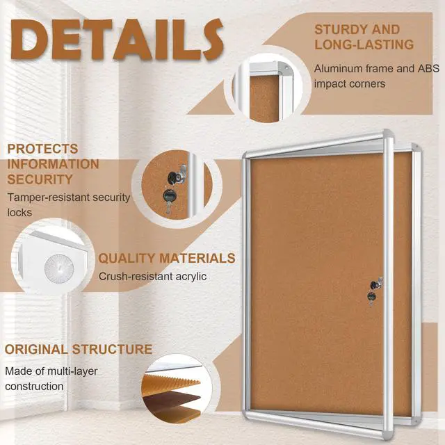 Alt view image 4 of 7 - 36"x24" Enclosed Cork Bulletin Board with Locking Door, Tamper-Proof Dispaly Case, Aluminium Frame, Outdoor Bulletin Board Weatherproof, Lockable Cork noticeboard for School,Office,etc