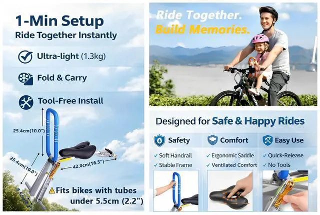 Alt view image 4 of 7 - Child Bike Seat, Front Mount Kids Bike Seat,Fit Mountain Bikes, Cruiser Bikes, Folding Bikes, Ultra Light,Portable, Tool-Free, Quick-Release,Toddler Bike Seat for 2-6 Years(up to 60lbs)