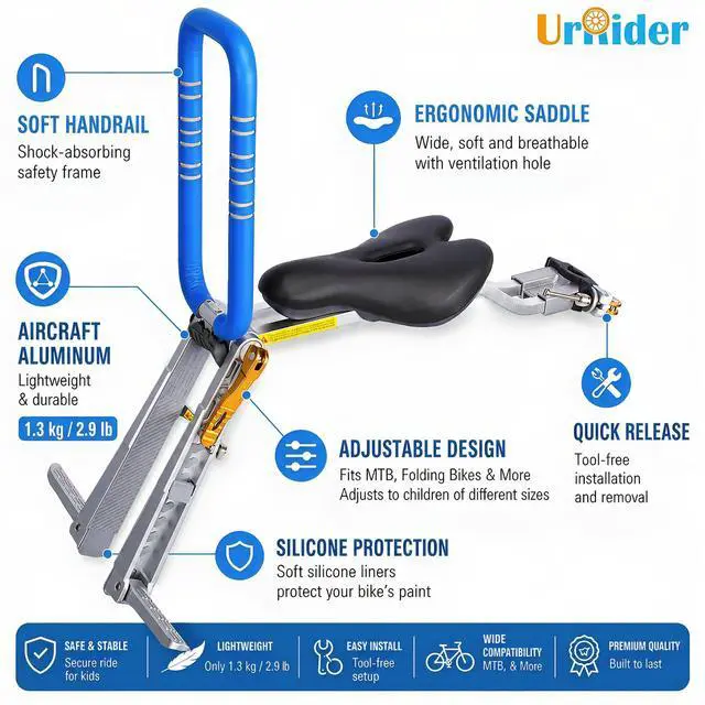 Alt view image 5 of 7 - Child Bike Seat, Front Mount Kids Bike Seat,Fit Mountain Bikes, Cruiser Bikes, Folding Bikes, Ultra Light,Portable, Tool-Free, Quick-Release,Toddler Bike Seat for 2-6 Years(up to 60lbs)