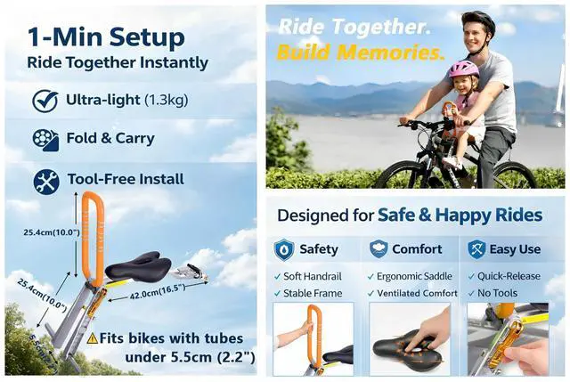 Alt view image 4 of 7 - Child Bike Seat, Front Mount Kids Bike Seat,Fit Mountain Bikes, Cruiser Bikes, Folding Bikes, Ultra Light,Portable, Tool-Free, Quick-Release,Toddler Bike Seat for 2-6 Years(up to 60lbs)