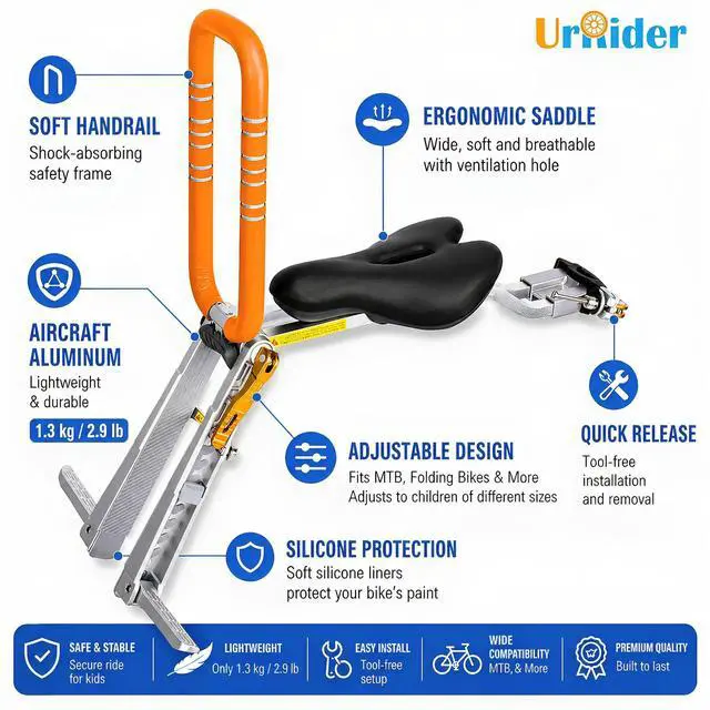 Alt view image 5 of 7 - Child Bike Seat, Front Mount Kids Bike Seat,Fit Mountain Bikes, Cruiser Bikes, Folding Bikes, Ultra Light,Portable, Tool-Free, Quick-Release,Toddler Bike Seat for 2-6 Years(up to 60lbs)
