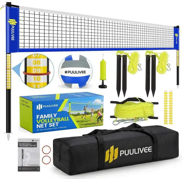 Main image of 32ft/16ft Outdoor Volleyball Net Set for Backyard, Beach, Grass, All-Weather & Easy Setup with 4 Height Adjustable Poles, Anti-Sag Net, Volleyball, Portable Carry Bag, Premium Packaging