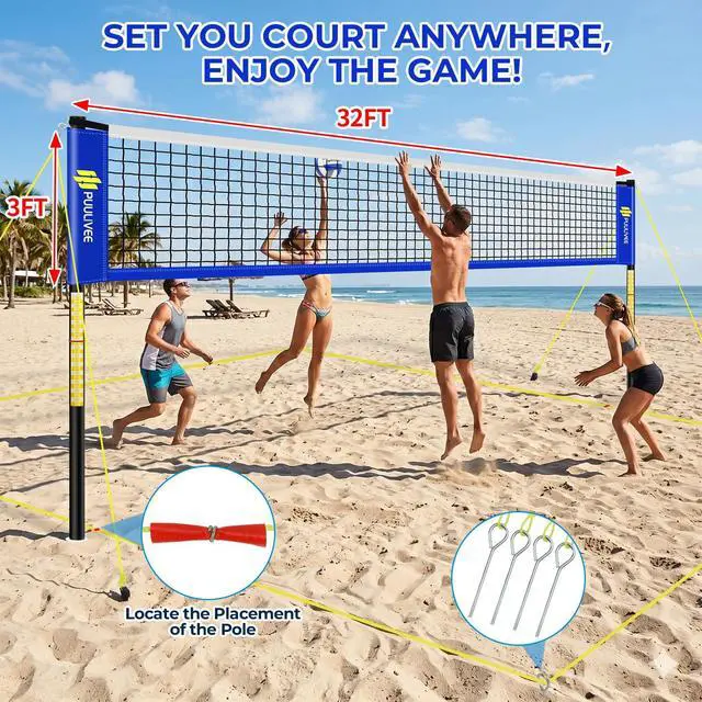 Alt view image 5 of 7 - 32ft/16ft Outdoor Volleyball Net Set for Backyard, Beach, Grass, All-Weather & Easy Setup with 4 Height Adjustable Poles, Anti-Sag Net, Volleyball, Portable Carry Bag, Premium Packaging