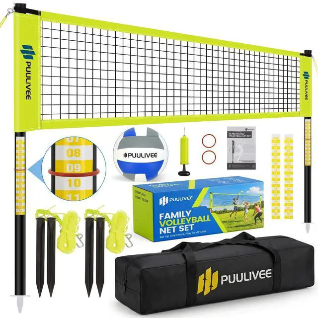 Main image of 32ft/16ft Outdoor Volleyball Net Set for Backyard, Beach, Grass, All-Weather & Easy Setup with 4 Height Adjustable Poles, Anti-Sag Net, Volleyball, Portable Carry Bag, Premium Packaging