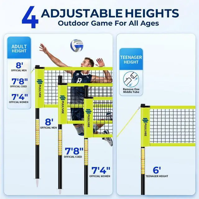 Alt view image 2 of 7 - 32ft/16ft Outdoor Volleyball Net Set for Backyard, Beach, Grass, All-Weather & Easy Setup with 4 Height Adjustable Poles, Anti-Sag Net, Volleyball, Portable Carry Bag, Premium Packaging