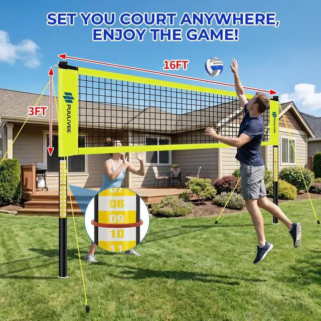 Alt view image 5 of 7 - 32ft/16ft Outdoor Volleyball Net Set for Backyard, Beach, Grass, All-Weather & Easy Setup with 4 Height Adjustable Poles, Anti-Sag Net, Volleyball, Portable Carry Bag, Premium Packaging