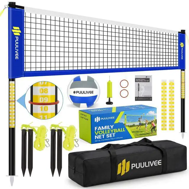 Main image of 32ft/16ft Outdoor Volleyball Net Set for Backyard, Beach, Grass, All-Weather & Easy Setup with 4 Height Adjustable Poles, Anti-Sag Net, Volleyball, Portable Carry Bag, Premium Packaging