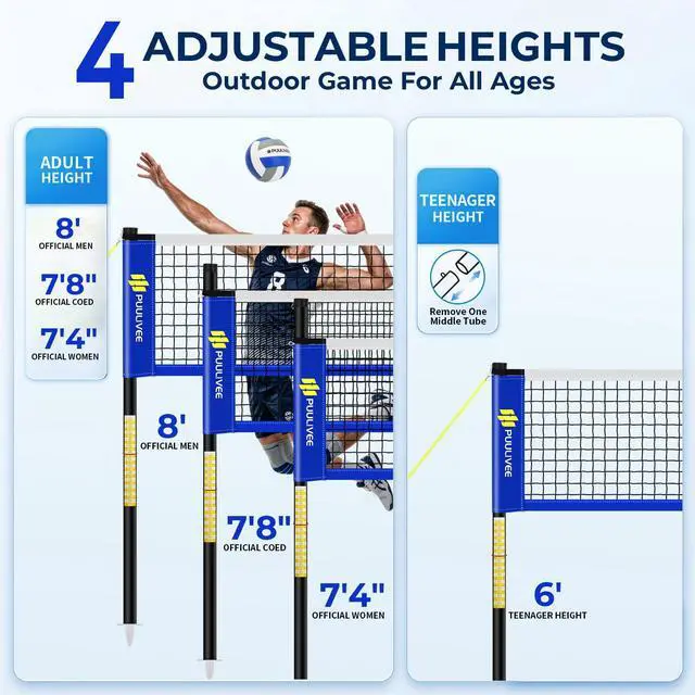 Alt view image 2 of 7 - 32ft/16ft Outdoor Volleyball Net Set for Backyard, Beach, Grass, All-Weather & Easy Setup with 4 Height Adjustable Poles, Anti-Sag Net, Volleyball, Portable Carry Bag, Premium Packaging