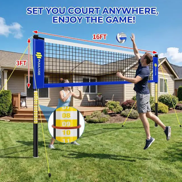 Alt view image 5 of 7 - 32ft/16ft Outdoor Volleyball Net Set for Backyard, Beach, Grass, All-Weather & Easy Setup with 4 Height Adjustable Poles, Anti-Sag Net, Volleyball, Portable Carry Bag, Premium Packaging