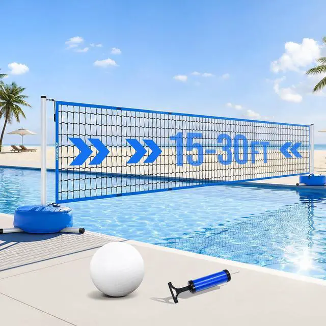Main image of Pool Volleyball Net Set for Inground Pools, 15-30FT Adjustable Full-Coverage Net (No Gap Design), Pool Games for Adults and Family, Poolside Volleyball Nets with Ball, Pump, Weighted Base