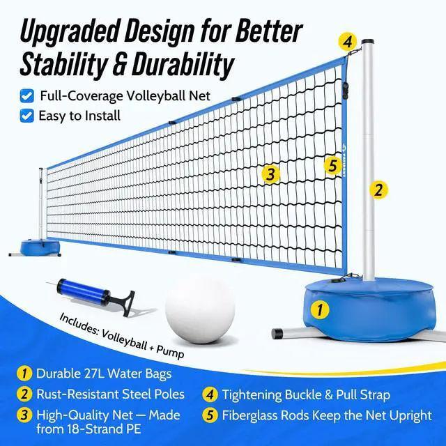 Alt view image 2 of 7 - Pool Volleyball Net Set for Inground Pools, 15-30FT Adjustable Full-Coverage Net (No Gap Design), Pool Games for Adults and Family, Poolside Volleyball Nets with Ball, Pump, Weighted Base
