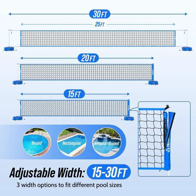 Alt view image 4 of 7 - Pool Volleyball Net Set for Inground Pools, 15-30FT Adjustable Full-Coverage Net (No Gap Design), Pool Games for Adults and Family, Poolside Volleyball Nets with Ball, Pump, Weighted Base