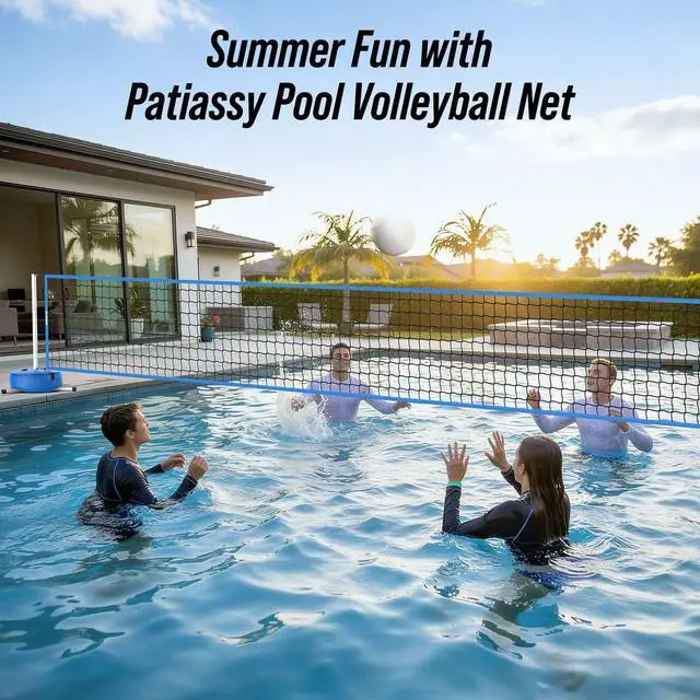 Alt view image 5 of 7 - Pool Volleyball Net Set for Inground Pools, 15-30FT Adjustable Full-Coverage Net (No Gap Design), Pool Games for Adults and Family, Poolside Volleyball Nets with Ball, Pump, Weighted Base