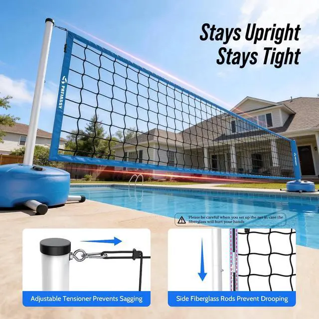Alt view image 6 of 7 - Pool Volleyball Net Set for Inground Pools, 15-30FT Adjustable Full-Coverage Net (No Gap Design), Pool Games for Adults and Family, Poolside Volleyball Nets with Ball, Pump, Weighted Base