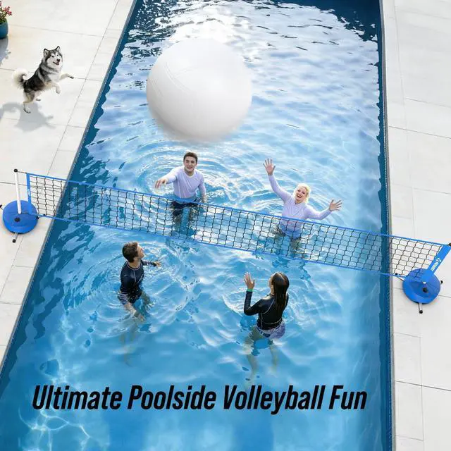Alt view image 7 of 7 - Pool Volleyball Net Set for Inground Pools, 15-30FT Adjustable Full-Coverage Net (No Gap Design), Pool Games for Adults and Family, Poolside Volleyball Nets with Ball, Pump, Weighted Base