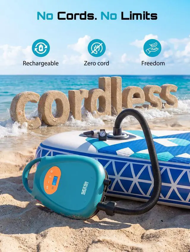 Alt view image 2 of 7 - Cordless Paddle Board Pump Electric, Rechargeable 20PSI SUP Pump, Intelligent Dual Stage Fast Inflation & Deflation, Portable High Pressure Auto-Off Air Pump for Paddleboard, Boat, Kayak