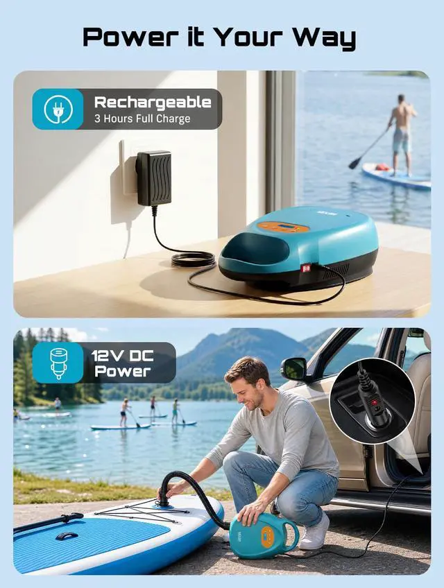 Alt view image 6 of 7 - Cordless Paddle Board Pump Electric, Rechargeable 20PSI SUP Pump, Intelligent Dual Stage Fast Inflation & Deflation, Portable High Pressure Auto-Off Air Pump for Paddleboard, Boat, Kayak