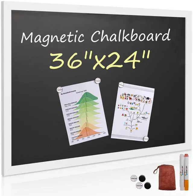 Main image of Rustic Wood Framed Magnetic Chalkboard 24 x 36, Large Hanging Chalk Board Sign for Kids, Non-Porous Wall Blackboard for Wedding Kitchen Restaurant Menu and Home with 4 Unique Magnets, White