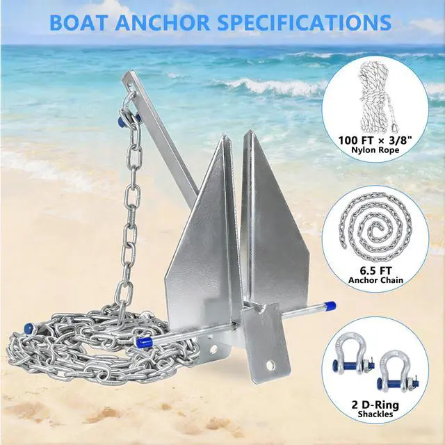 Alt view image 4 of 7 - 5/8/10/13/18/25 Boat Anchor Kit with Chain, Rope and Shackles | Heavy Duty Danforth Anchor Kit, Hot-Dipped Galvanized Fluke Anchor, Fit for Boats Pontoon, Deck, Sailboat and Fishing