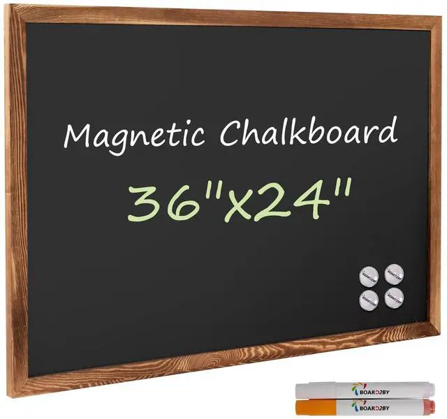 Main image of Rustic Wood Framed Magnetic Chalkboard 24 x 36, Large Hanging Chalk Board Sign for Kids, Non-Porous Wall Blackboard for Wedding Kitchen Restaurant Menu and Home with 4 Unique Magnets, Brown