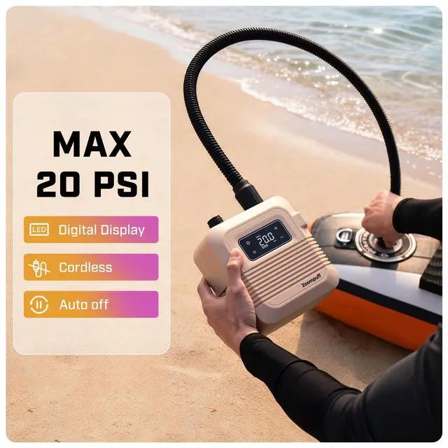 Alt view image 2 of 7 - Electric Paddle Board Pump, 20 PSI Rechargeable SUP Pump | 5 Min to 12 PSI, 2.5 lb Lightweight, 38.48Wh Battery, Dual Stage Inflation, 7 Nozzles, for SUPs, Boats & Kayaks
