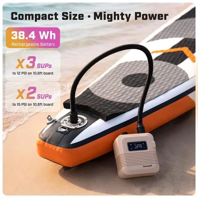 Alt view image 3 of 7 - Electric Paddle Board Pump, 20 PSI Rechargeable SUP Pump | 5 Min to 12 PSI, 2.5 lb Lightweight, 38.48Wh Battery, Dual Stage Inflation, 7 Nozzles, for SUPs, Boats & Kayaks